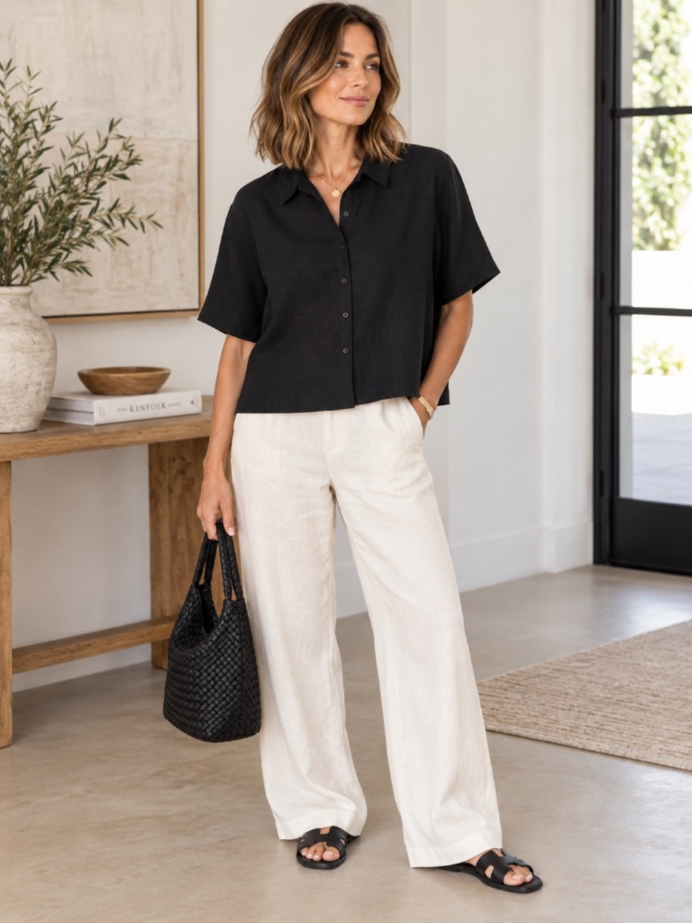 COS Black 100% Linen Boxy Cropped Button Front Shirt US 6